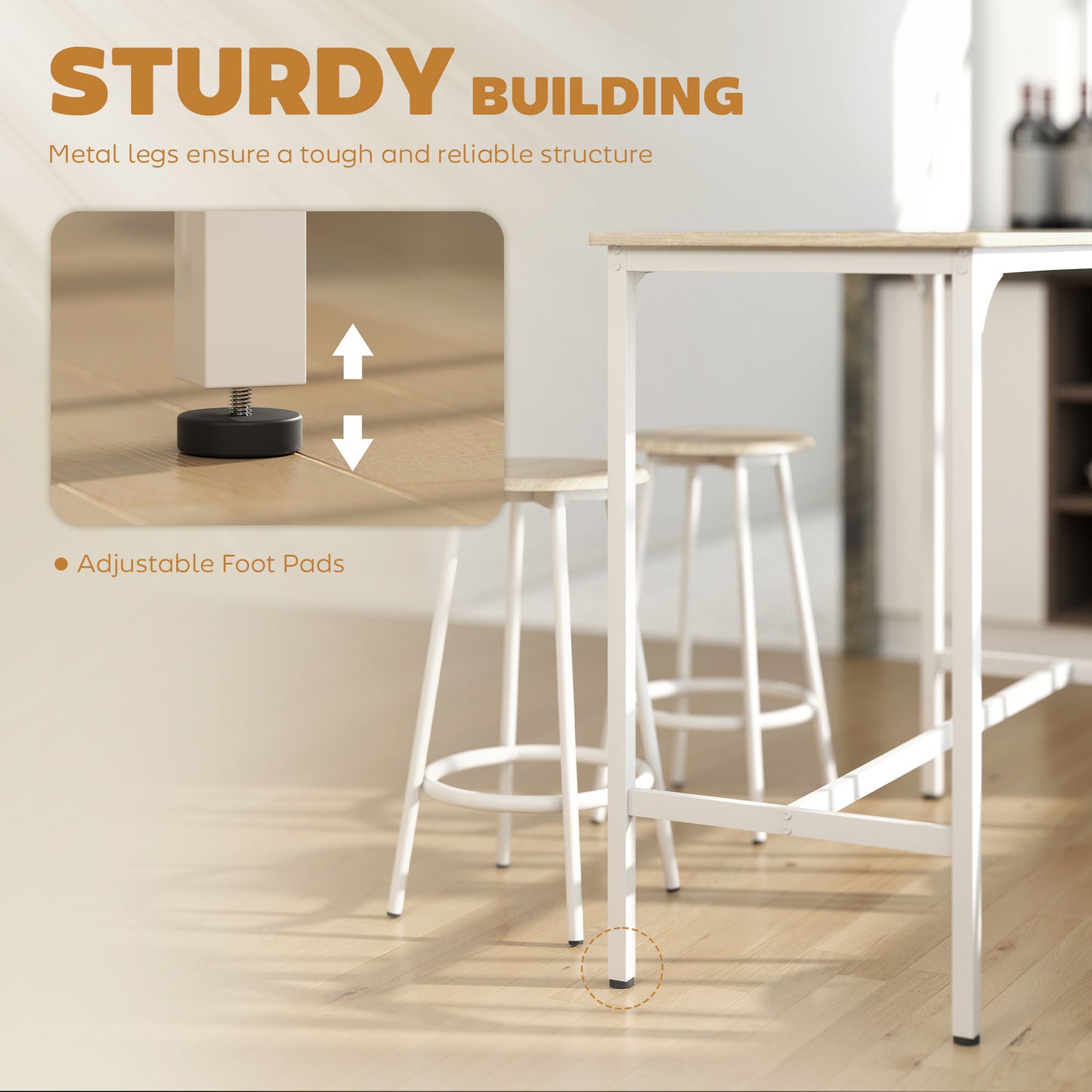 5 Piece Bar Table Set for 4 with Stools, Metal Frame, Footrest for Kitchen Natural Wood