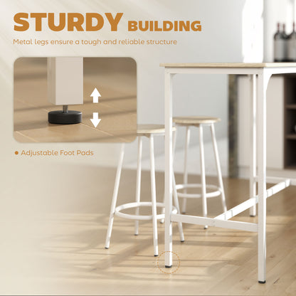 5 Piece Bar Table Set for 4 with Stools, Metal Frame, Footrest for Kitchen Natural Wood