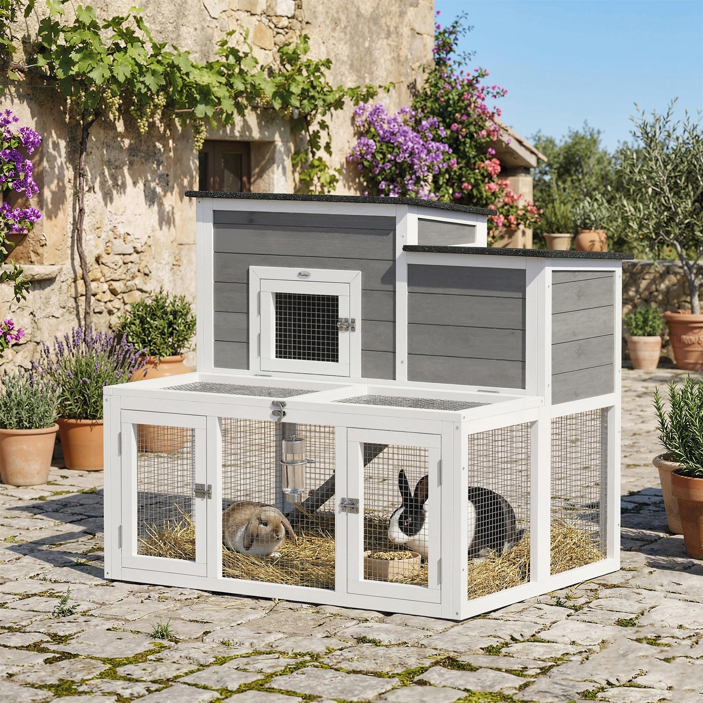 Wooden Rabbit Hutch, Indoor Outdoor Bunny Cage with Waterproof & Openable Roof, Pull Out Tray and Ramp, Guinea Pig Hutch