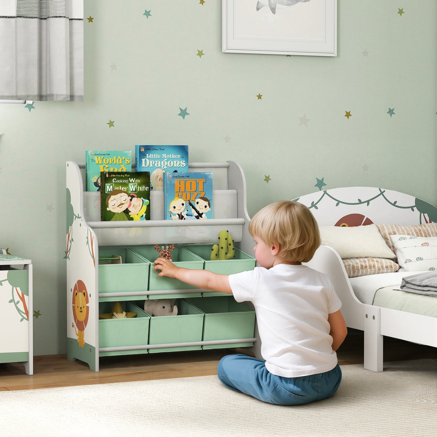 Kids Storage Unit, Toy Organiser with 6 Fabric Drawers and 2-Tier Sling Book Rack for Bedroom, Playroom, Nursery, Green