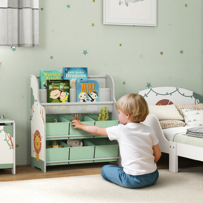 Kids Storage Unit, Toy Organiser with 6 Fabric Drawers and 2-Tier Sling Book Rack for Bedroom, Playroom, Nursery, Green