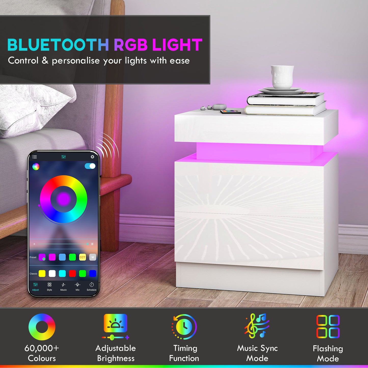 White Bedside Table with LED Light, High Gloss Front Nightstand with 2 Drawers, for Living Room, Bedroom, Set of 2