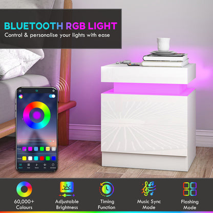 White Bedside Table with LED Light, High Gloss Front Nightstand with 2 Drawers, for Living Room, Bedroom, Set of 2