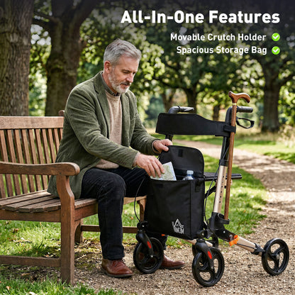Rollator Walker with Seat with Carry Bag, Adjustable Height, Cane Holder for Seniors and Disabled, Gold Tone