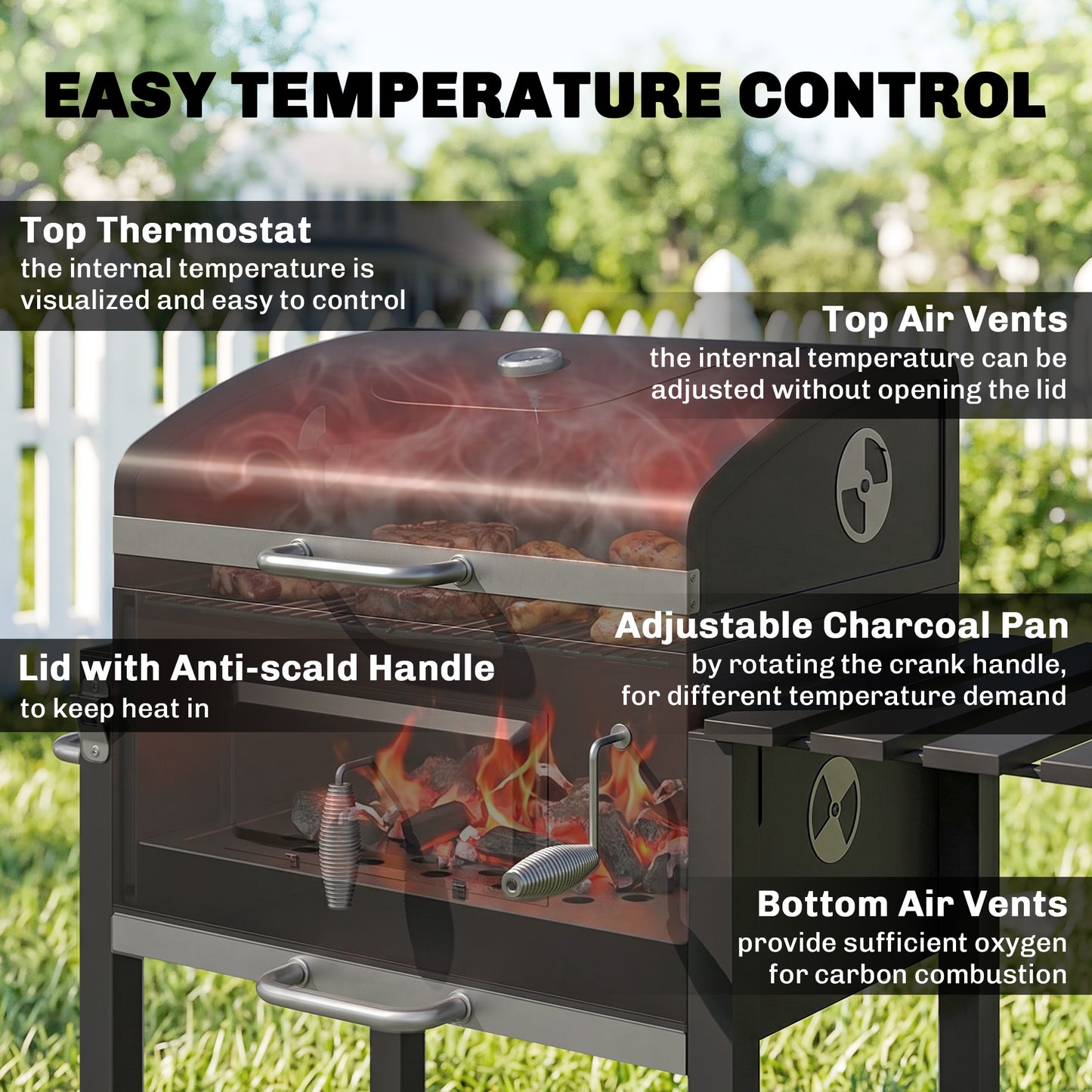 Charcoal Grill, with Height-Adjustable Coal Pan - Black