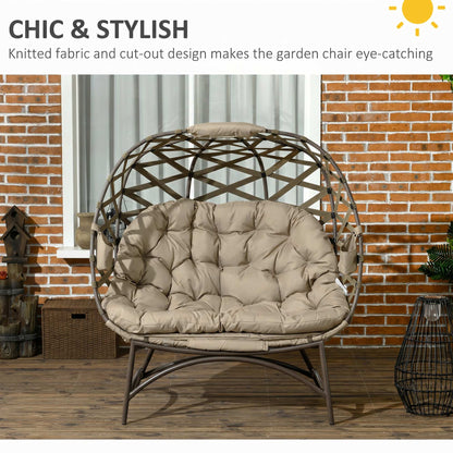 2 Seater Egg Chair Outdoor, Folding Weave Garden Furniture Chair with Cushion, Cup Pockets - Khaki