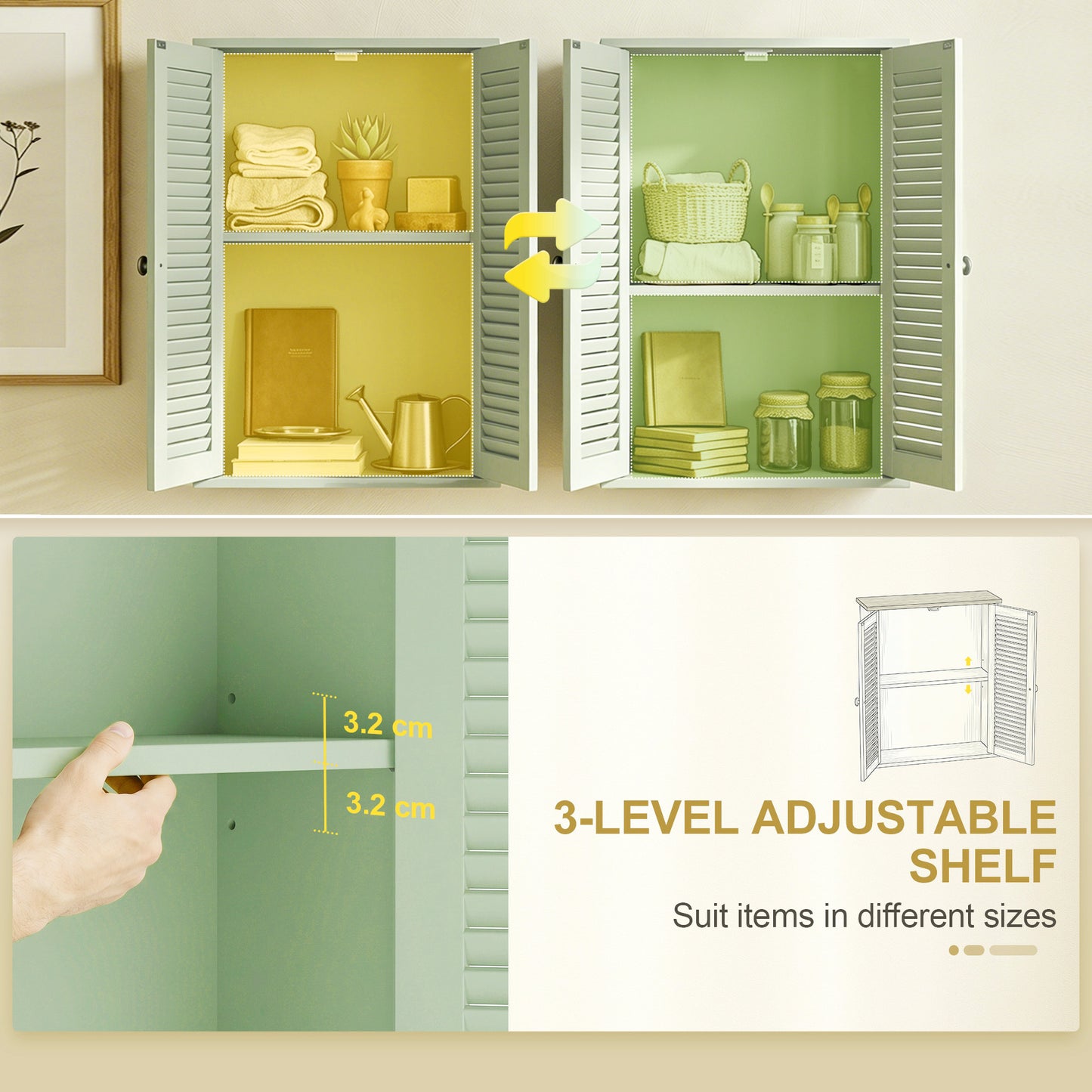 Bathroom Cabinet, Bathroom Wall Cabinet with Louvered Doors and Adjustable Shelf Storage for Kitchen, Light Green