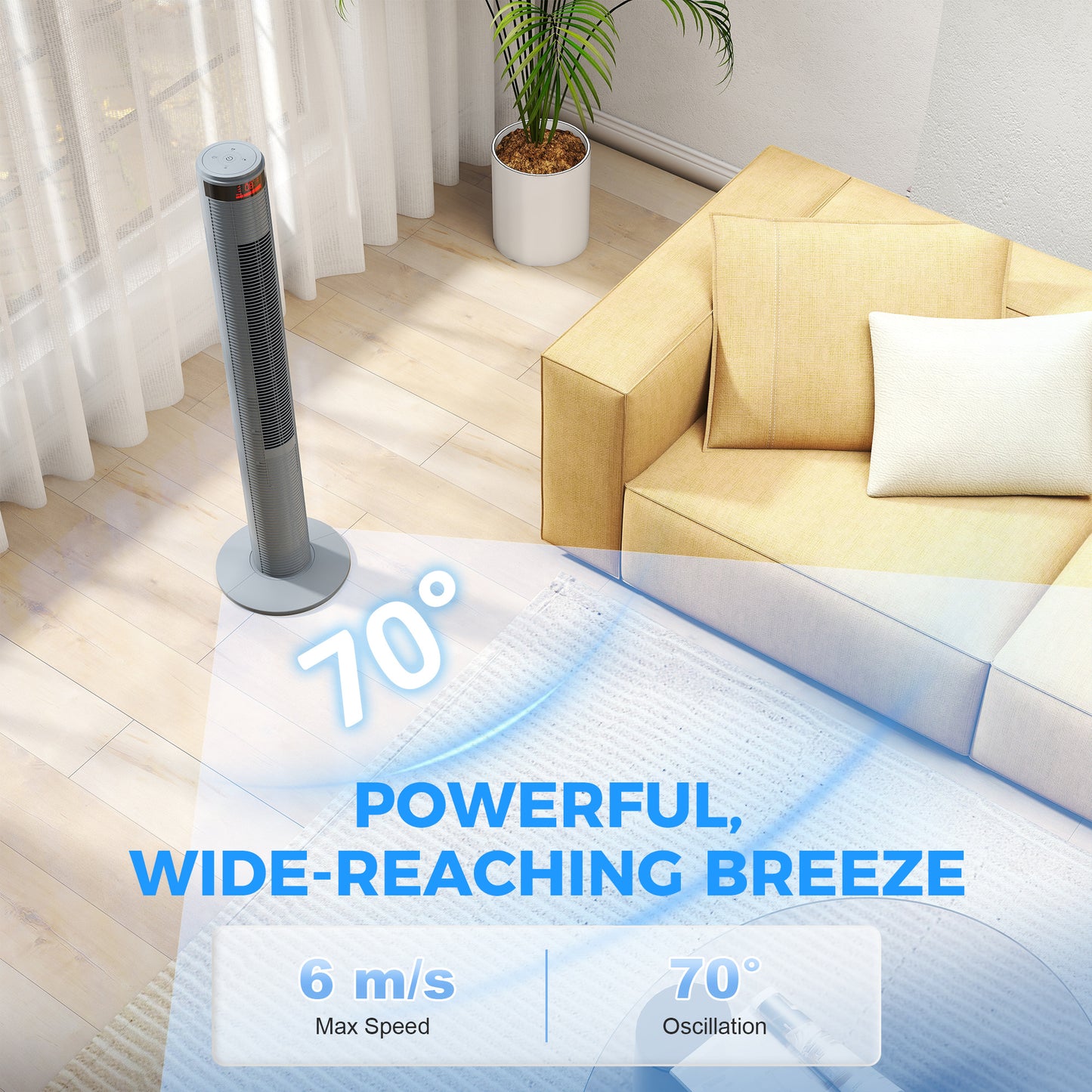 Oscillating Tower Fan Remote Control 3 Speed Modes Cooling Machine, Grey