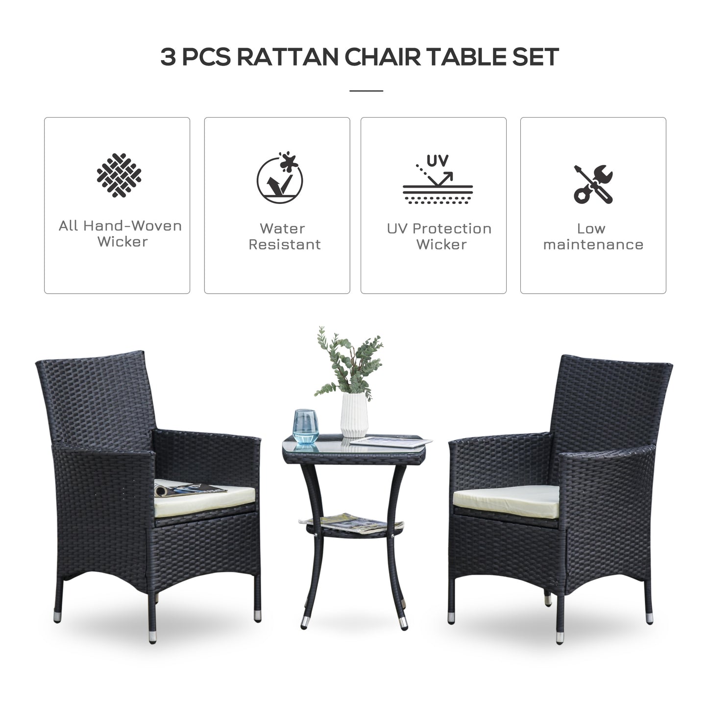 3-Piece Rattan Bistro Set with Cushions – Black