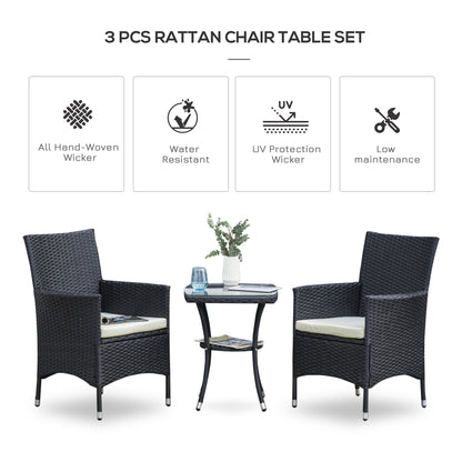 3-Piece Rattan Bistro Set with Cushions – Black
