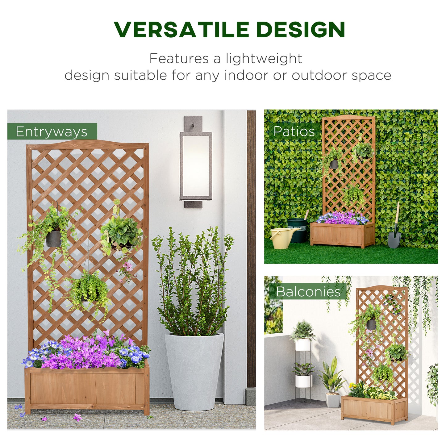53L Garden Wooden Planter Box with Trellis Free Standing Flower Raised Bed with Lattice for Climbing Plants