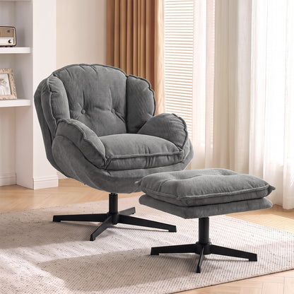 Armchair with Adjustable Footstool, 360° Swivel Chenille Cloud Accent Chair with Thick Cushion, Steel Base, Grey