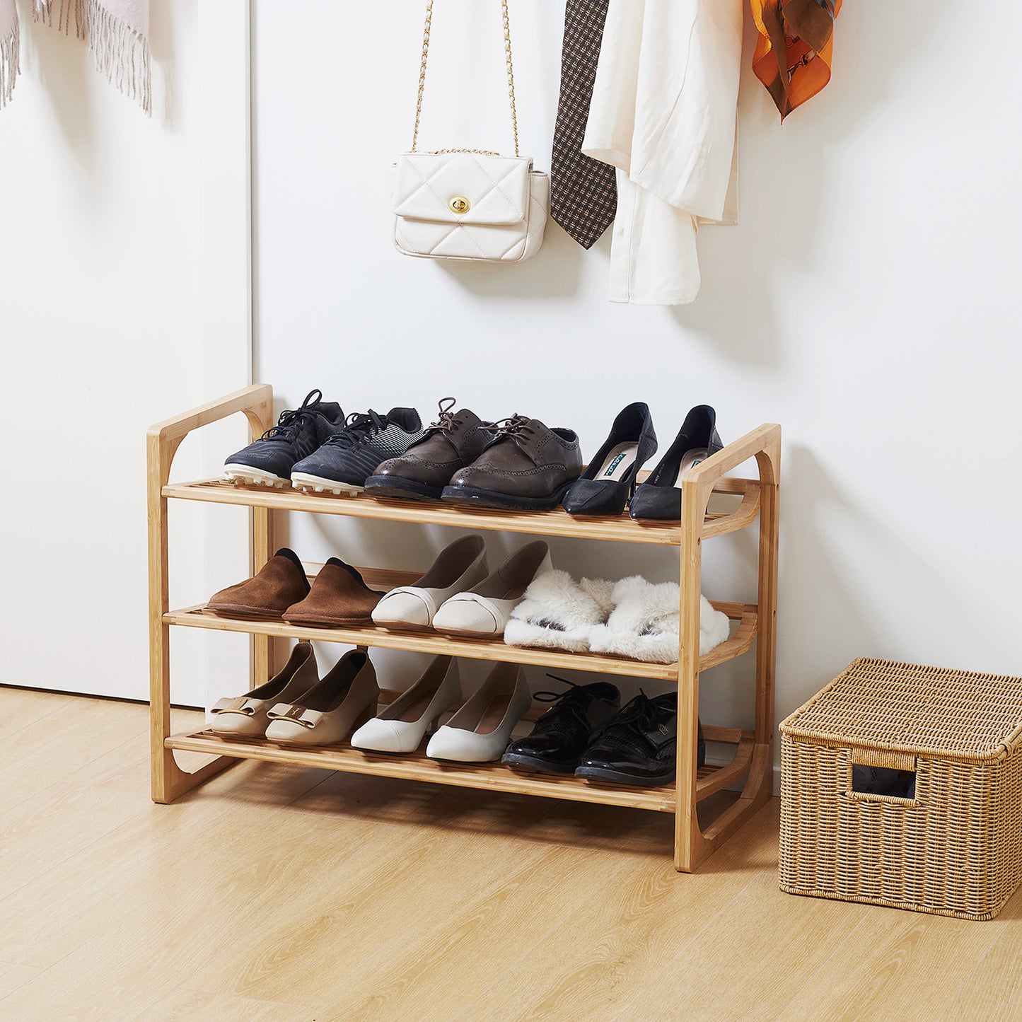 3-Tier Shoe Rack, Bamboo Shoe Storage Organizer with Slatted Shelves