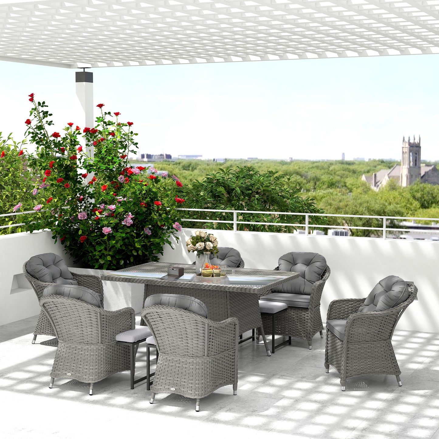 Seven-Piece Rattan Dining Set - Light Grey