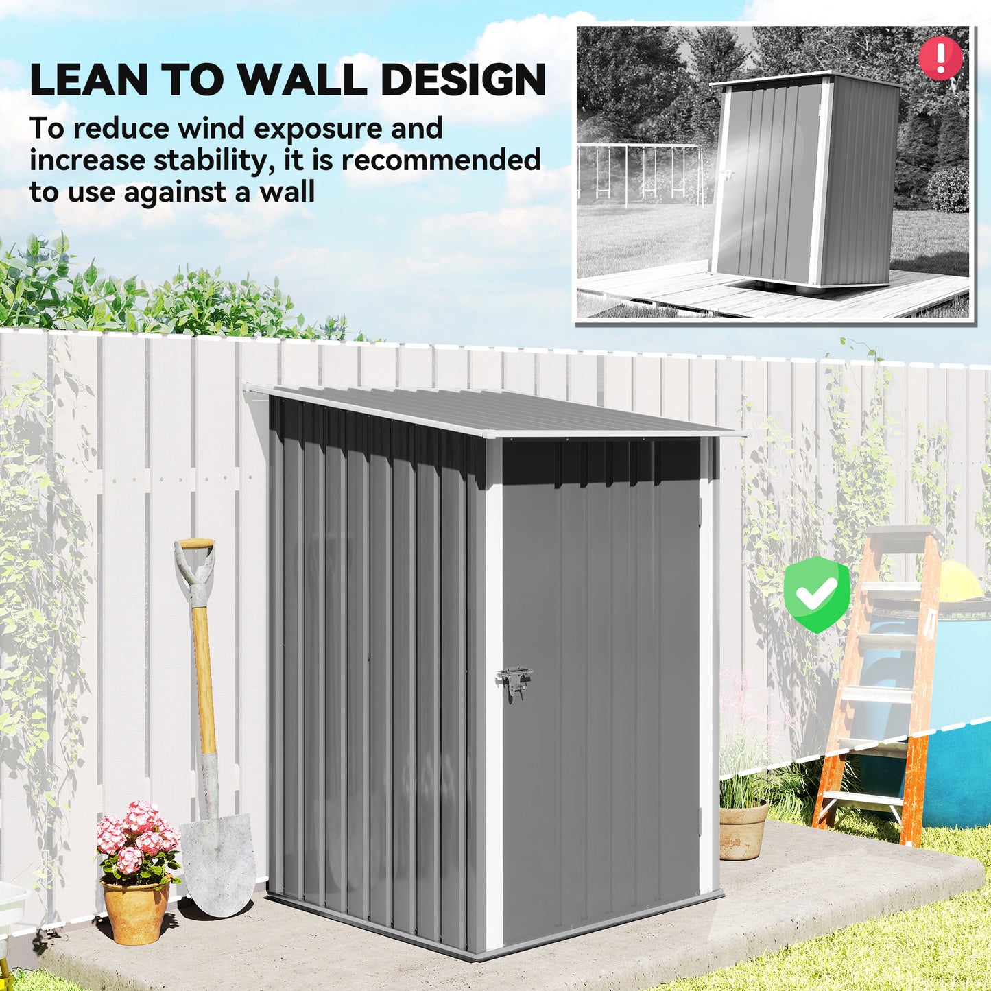 3.3 x 3.4ft Lean To Steel Garden Shed, with Locking Door - Grey