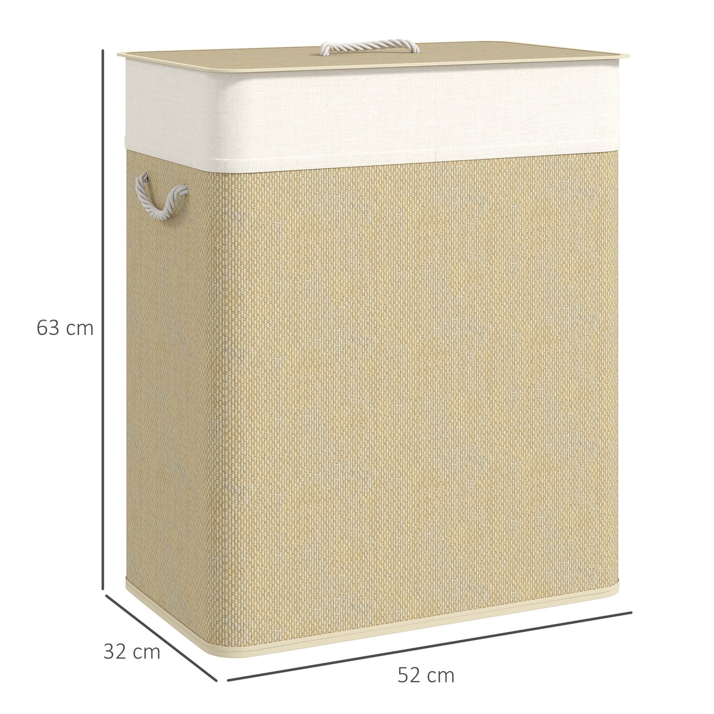 2 Section Laundry Basket with Lid, 100L Bamboo Laundry Hamper with Handles, Removable and Washable Liner, Cream White