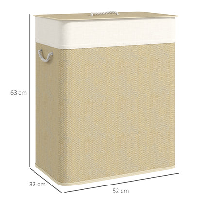 2 Section Laundry Basket with Lid, 100L Bamboo Laundry Hamper with Handles, Removable and Washable Liner, Cream White