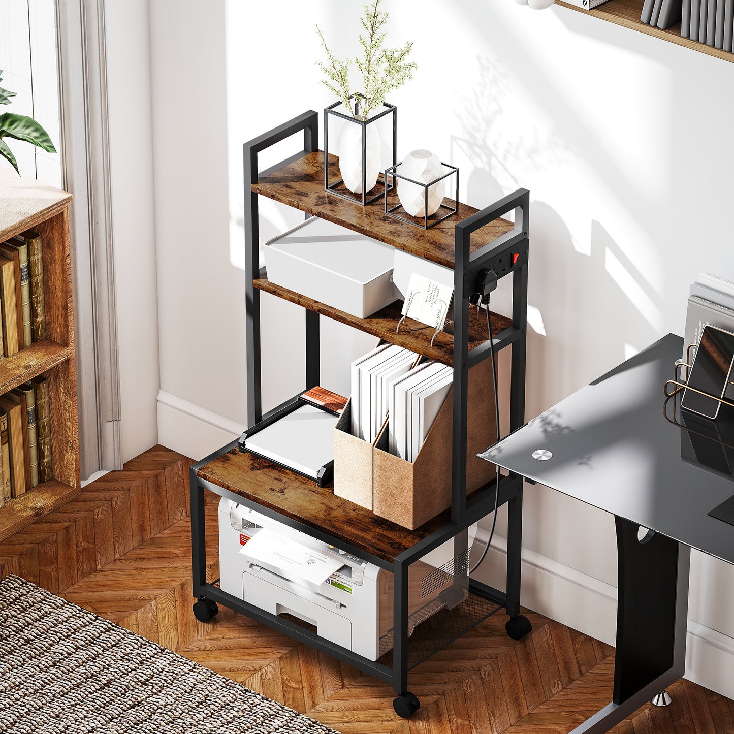 4-Tier Printer Stand with Power Outlets and Wheels - Rustic Brown