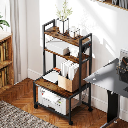 4-Tier Printer Stand with Power Outlets and Wheels - Rustic Brown