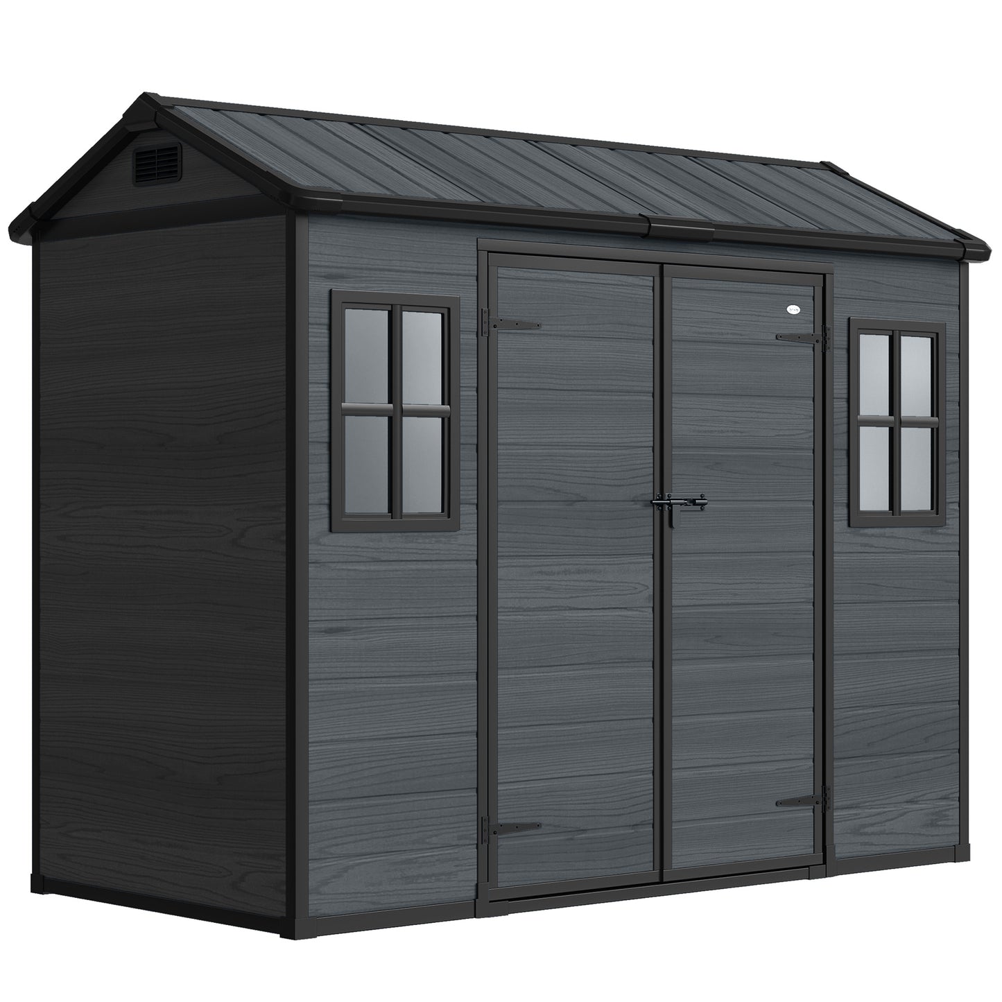 8 x 4 ft Resin Garden Shed, Wood-Effect Outdoor Storage Shed with Floor, Windows, Lockable Doors and Vents, Dark Grey