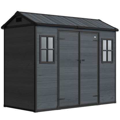8 x 4 ft Resin Garden Shed, Wood-Effect Outdoor Storage Shed with Floor, Windows, Lockable Doors and Vents, Dark Grey