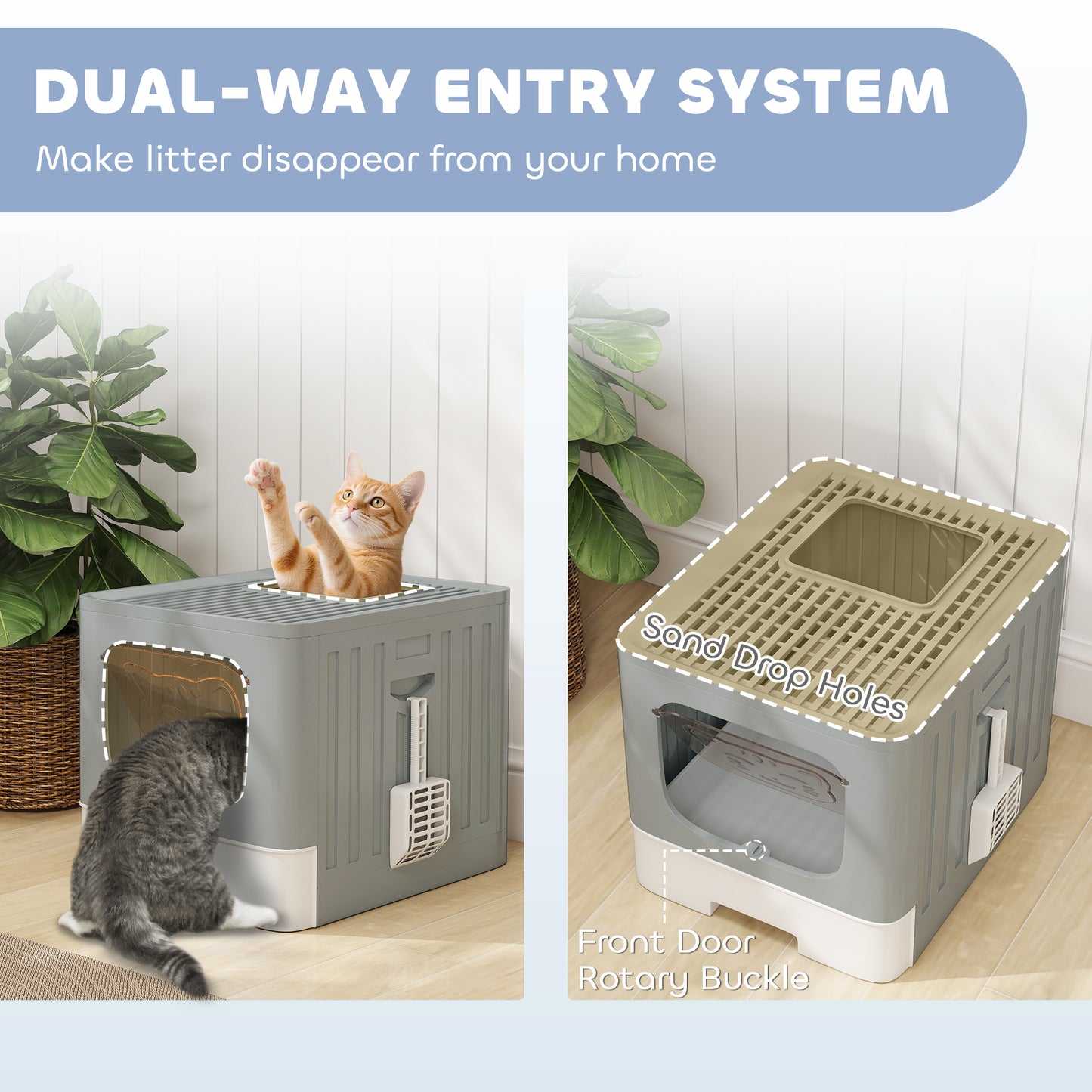Cat Litter Box with Lid, Slide-Out Drawer, Scoop, Easy Clean, Odour Control, Anti-Splashing, Grey