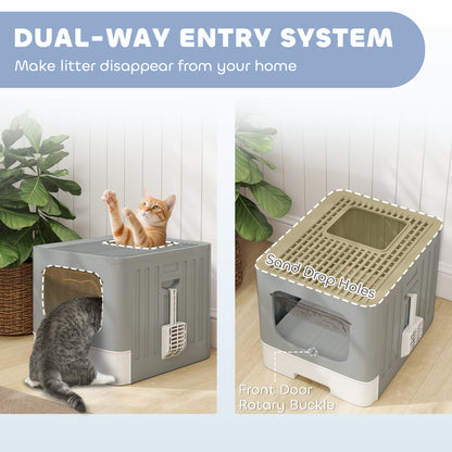 Cat Litter Box with Lid, Slide-Out Drawer, Scoop, Easy Clean, Odour Control, Anti-Splashing, Grey