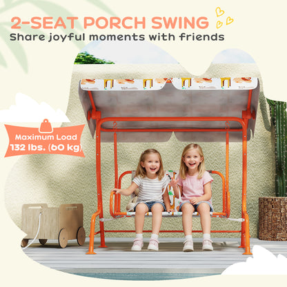 Kids Porch Swing, 2-Seater Patio Swing Bench Hammock with Seat Belts, Adjustable Canopy for Garden, Orange