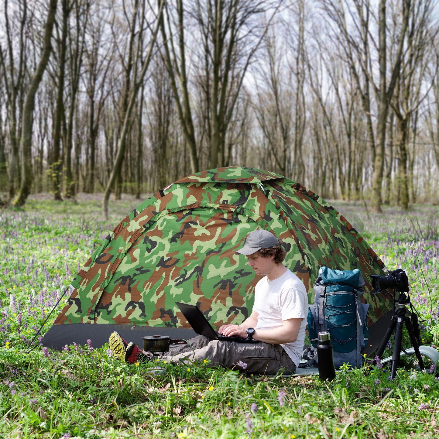 2 Person Camping Tent, Dome Tent with Zipped Doors, Storage Pocket, Portable Handy Bag, Multicoloured