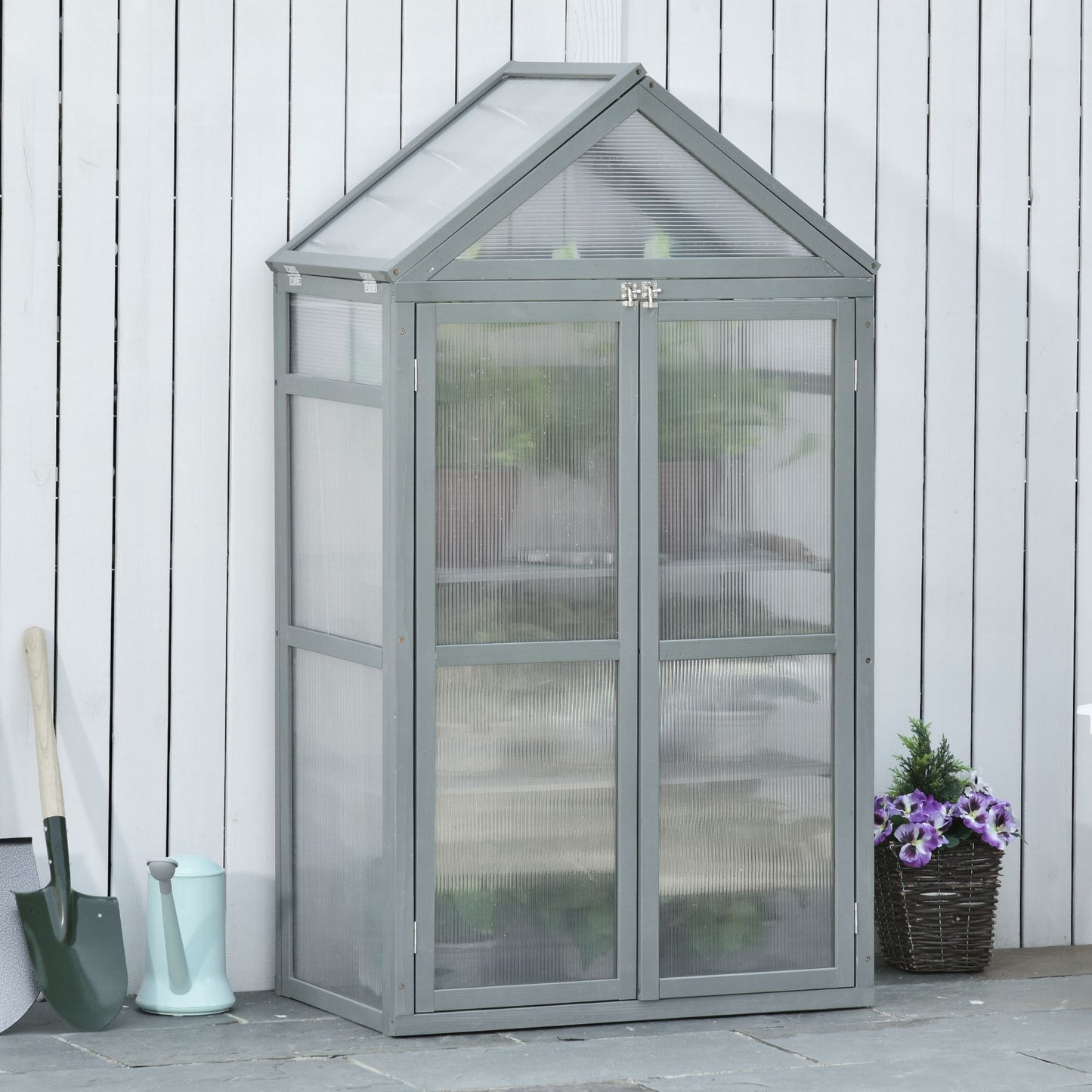 Garden Cold Frame Polycarbonate Greenhouse with Adjustable Shelves, Double Doors, Openable Top Covers