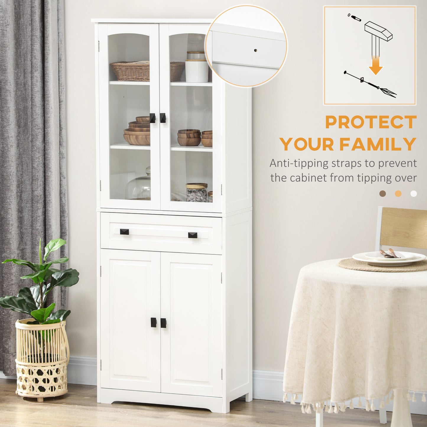 Kitchen Cupboard, Freestanding Storage Cabinet with 2 Adjustable Shelves, Drawer and Glass Door for Living Room, Dining Room