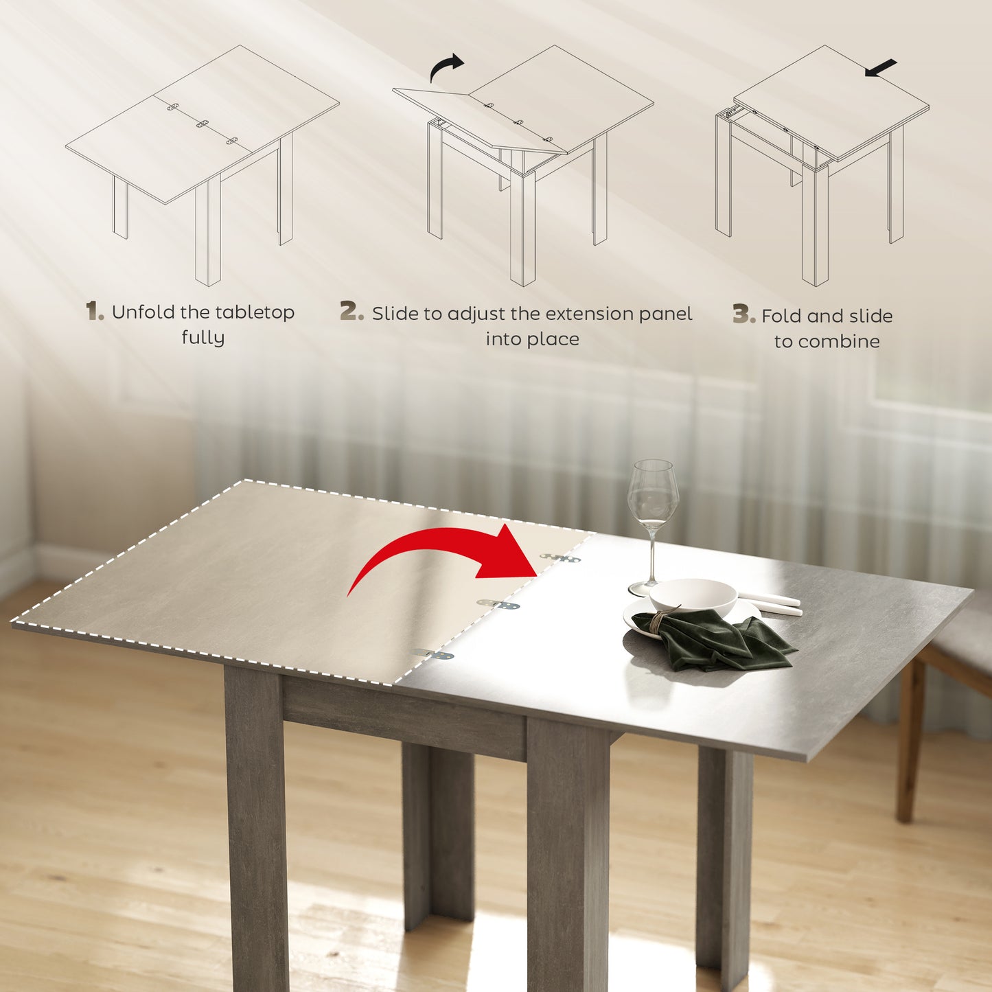 Folding Dining Table for 4-6, Rectangular Extendable Drop Leaf Table for Small Spaces, 140 x 80 x 77.5 cm, Grey