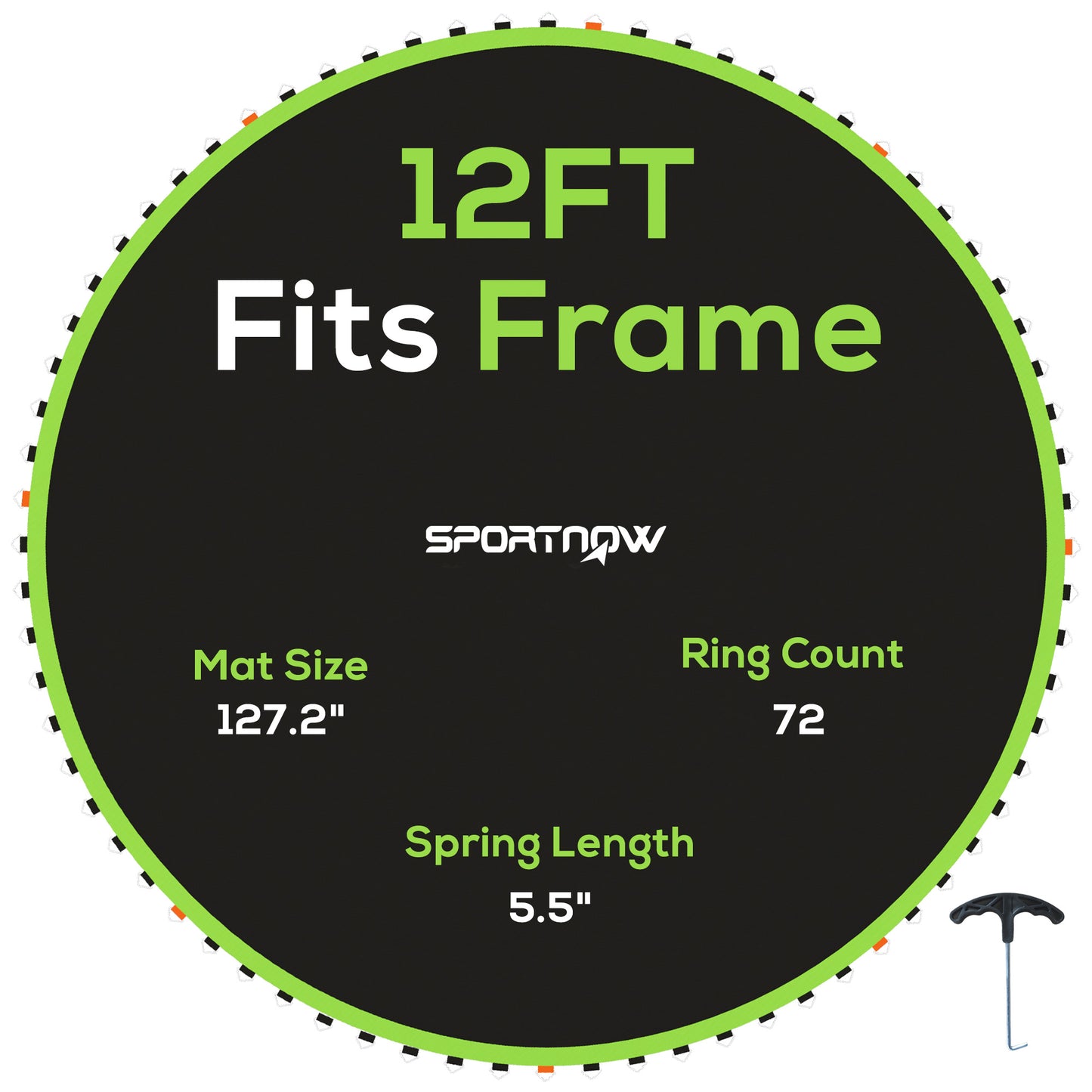 Replacement Trampoline Mat with Spring Pull Tool, 72 V-Hooks, for 12ft Trampoline using 14cm Springs, Green