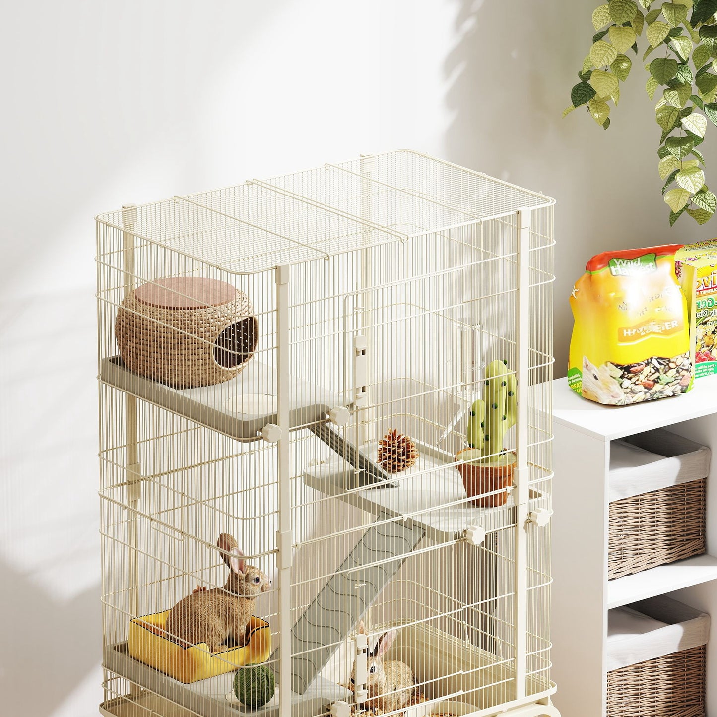 4-Level Rolling Small Animal Cage, Rabbit Cage with 3 Ramps, Water Bottle, Food Dish, 15cm Deep Tray, Beige