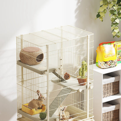 4-Level Rolling Small Animal Cage, Rabbit Cage with 3 Ramps, Water Bottle, Food Dish, 15cm Deep Tray, Beige