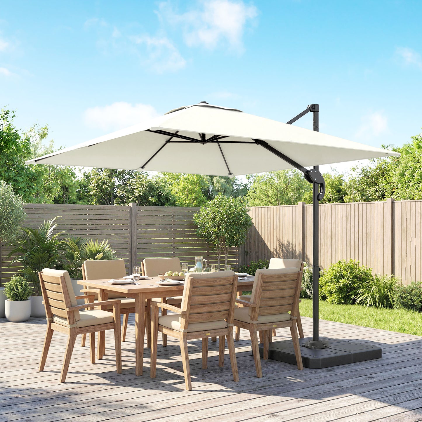 2.4 x 2.4m Cantilever Parasol with Umbrella Weights, UPF50+ Offset Outdoor Umbrella w/ Easy Tilt Adjustment, Cream White