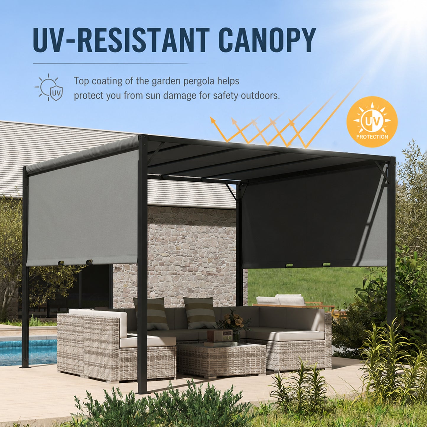 3 X 3 Meters Pergola with Sliding Roof, Garden Gazebo with Adjustable Sun Shade Canopy and Steel Frame, Charcoal Grey