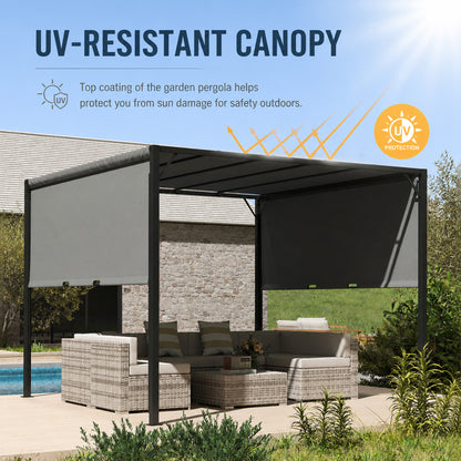 3 X 3 Meters Pergola with Sliding Roof, Garden Gazebo with Adjustable Sun Shade Canopy and Steel Frame, Charcoal Grey