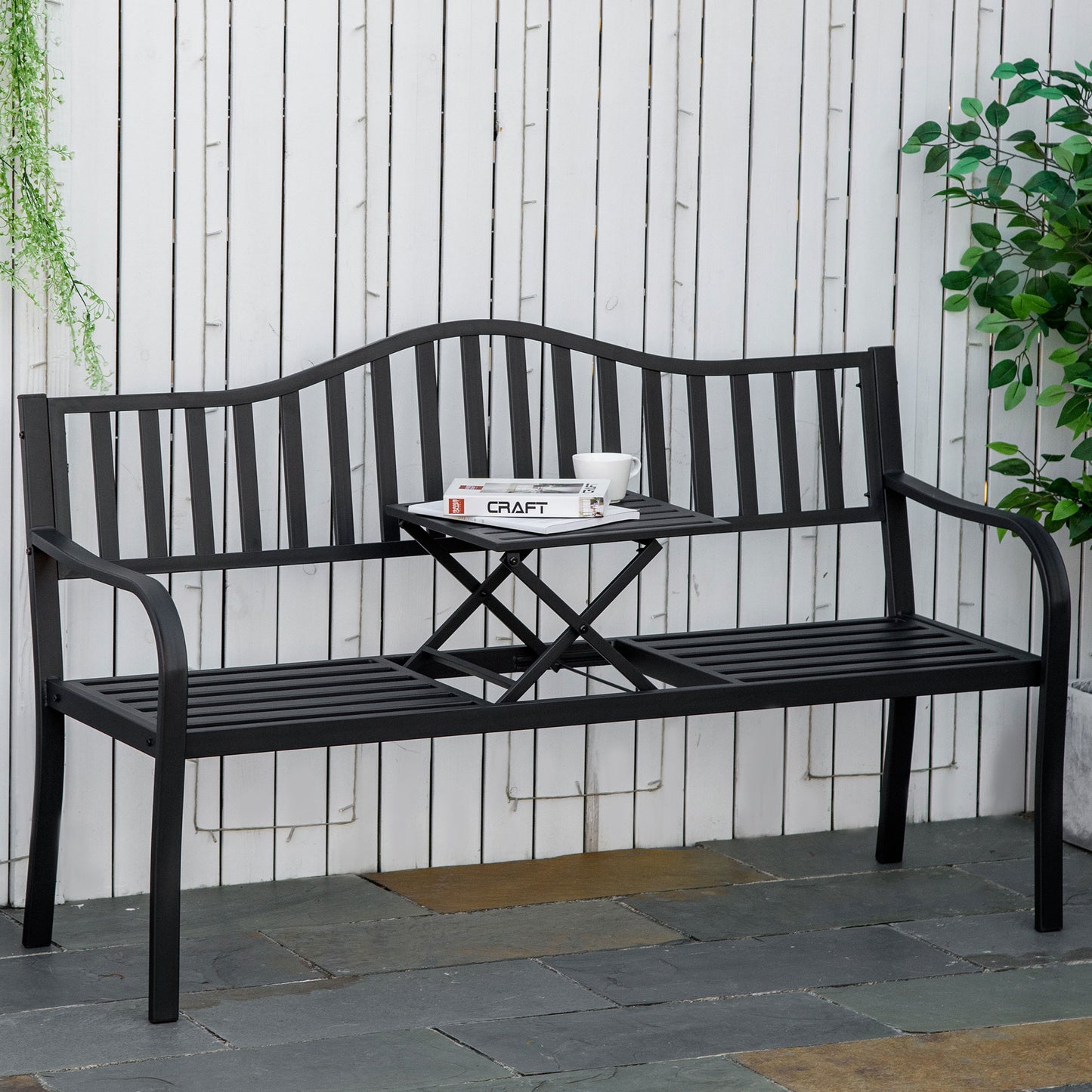 Metal Outdoor Bench with Liftable Middle Table, Patio Loveseat, Garden Bench for Garden, Porch, Seats 2–3 People, Black