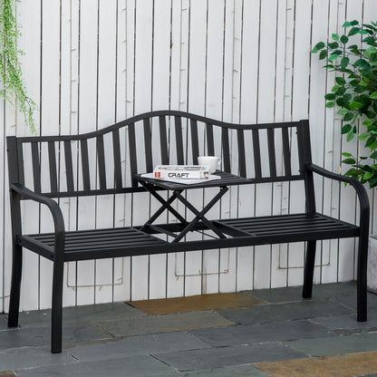 Metal Outdoor Bench with Liftable Middle Table, Patio Loveseat, Garden Bench for Garden, Porch, Seats 2–3 People, Black