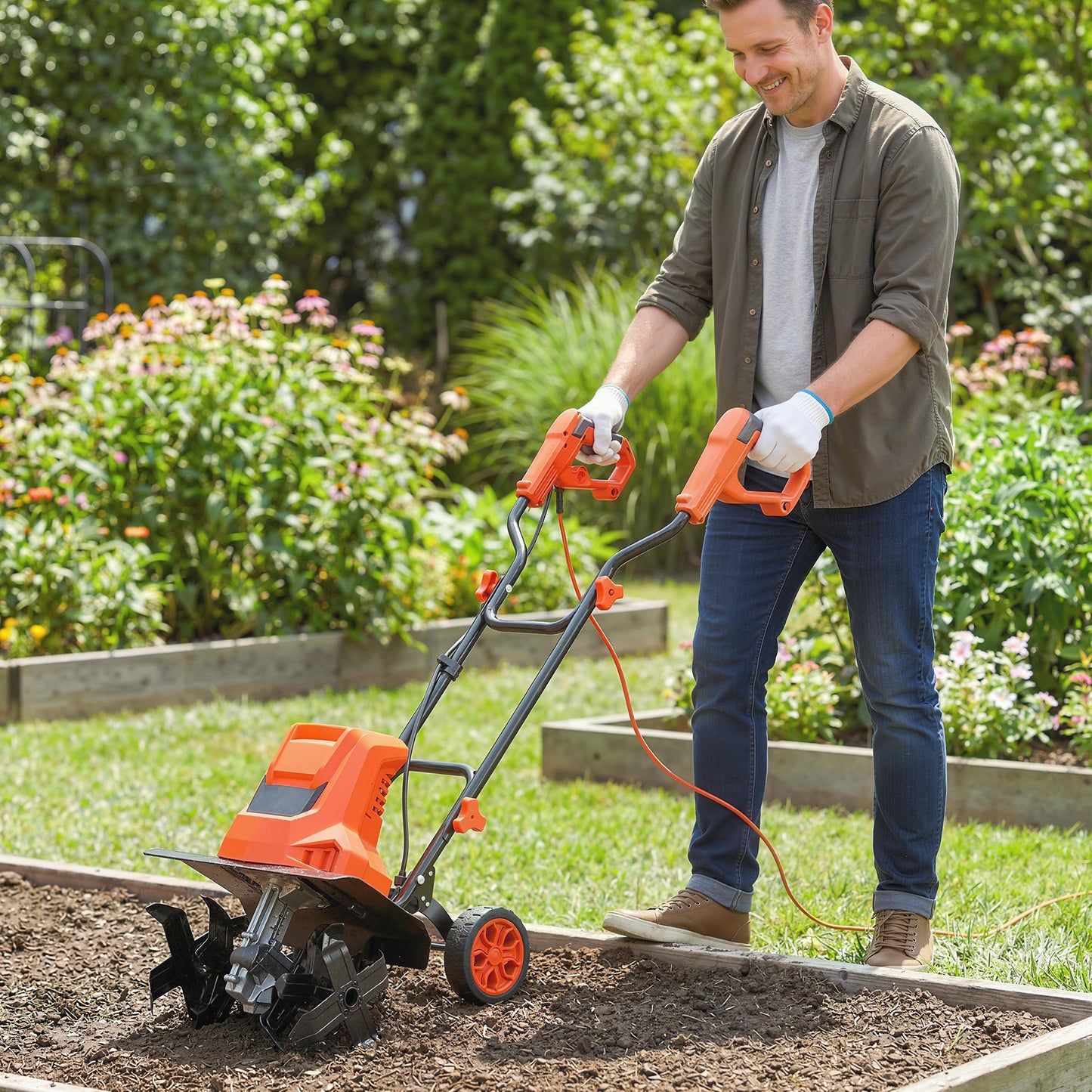1500W Electric Garden Tiller w/Foldable Handle, 40cm Working Width, 20cm Tilling Depth, 6 Blades, 2 Adjustable Wheels