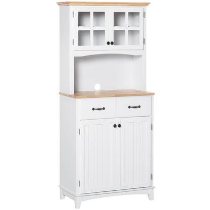 Freestanding Kitchen Cupboard, Kitchen Storage Cabinet with Framed Glass Doors, 2 Drawers, Microwave Counter, 172cm, White