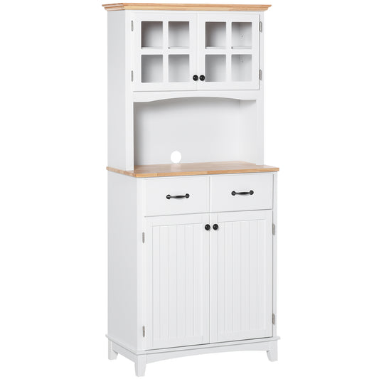 Freestanding Kitchen Cupboard, Kitchen Storage Cabinet with Framed Glass Doors, 2 Drawers, Microwave Counter, 172cm, White