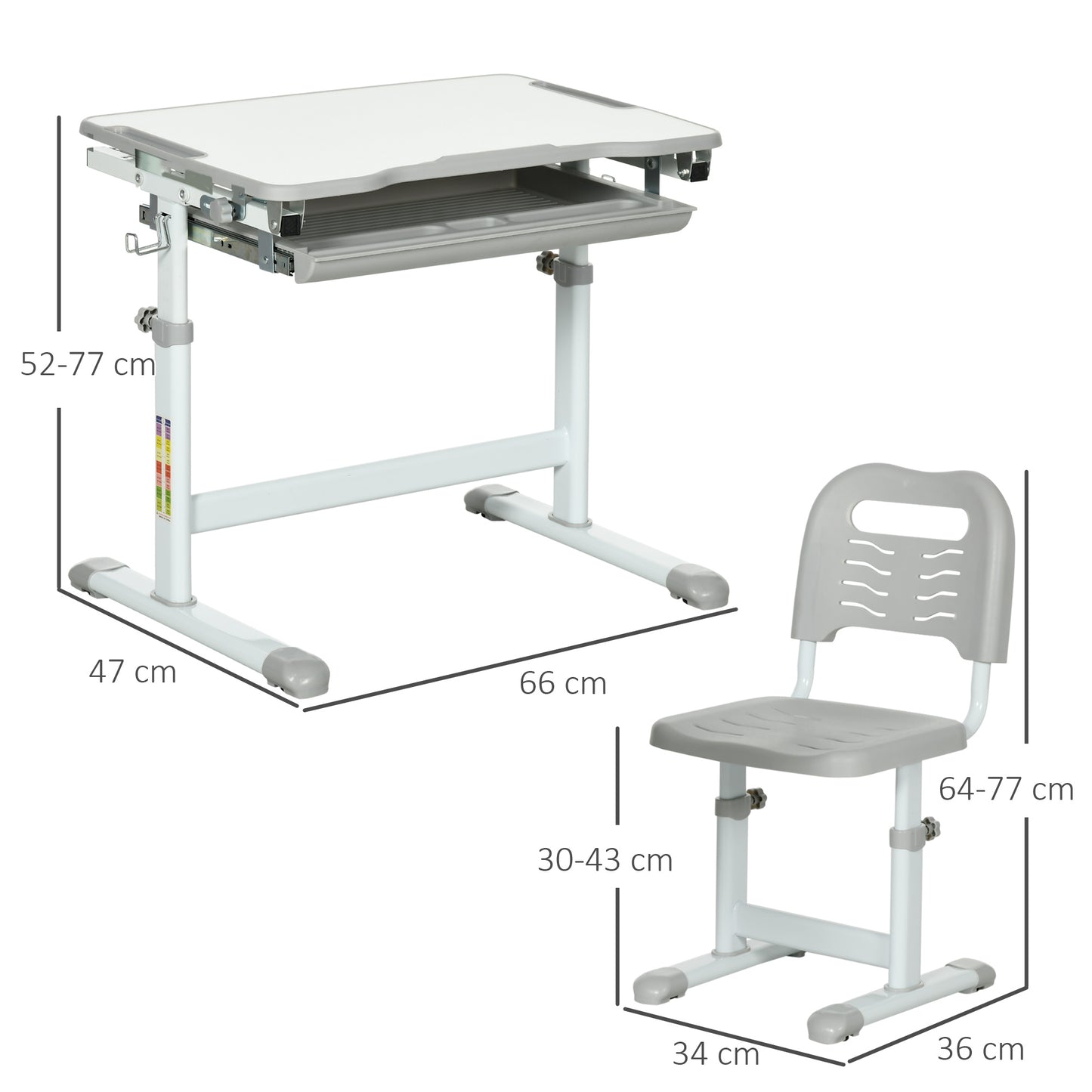 Kids Desk and Chair Set, Student Adjustable Writing Desk, with Drawer, Pen Slot, Hook - Grey