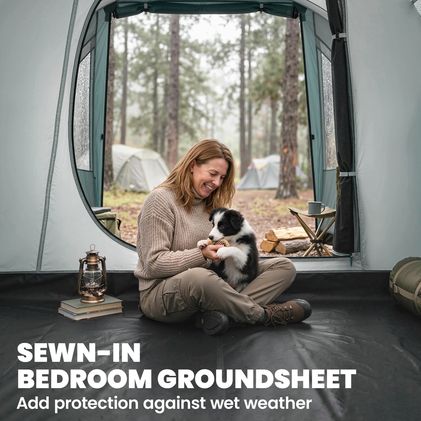 Three-Man, 3000mm Water-Resistant Two-Room Tunnel Tent - Green