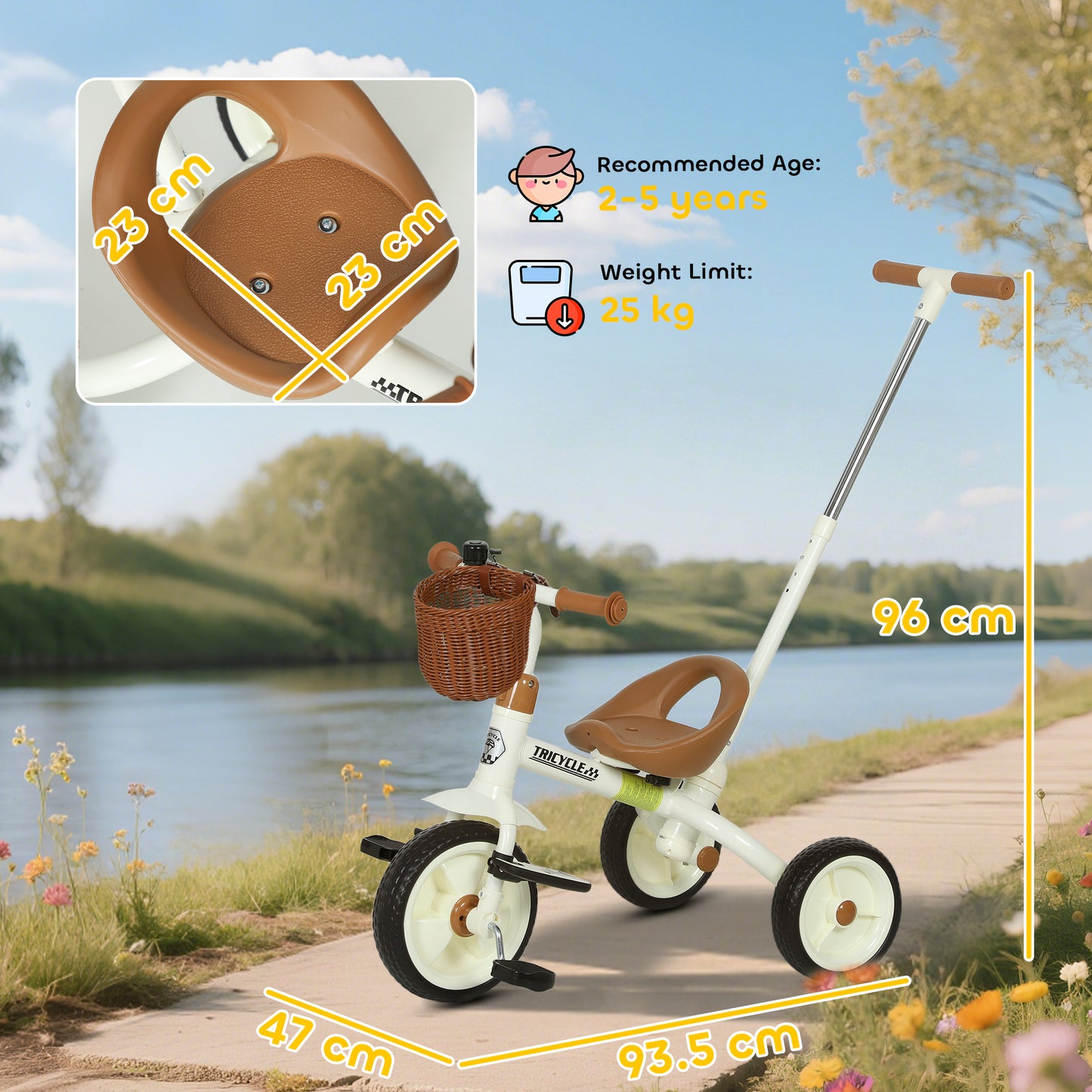 2-In-1 Toddler Trike for 2-5 Years Old, 3 Wheel Bike with Adjustable Parent Handle, Basket for Boys and Girls, White