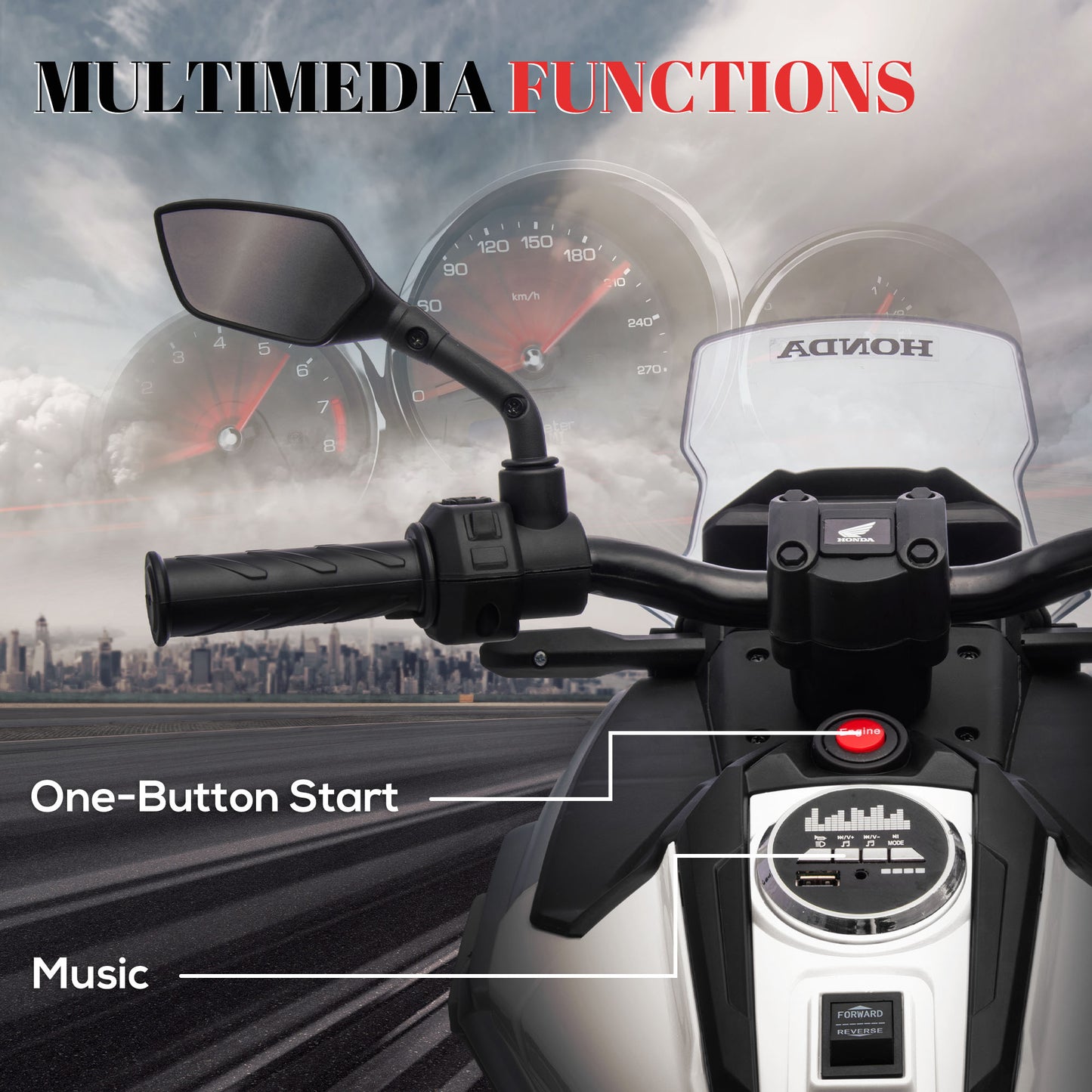 12V Honda Licensed Kids Electric Motorbike w/ Music, Headlights, Early Education Function, for Ages 3-6 Years, White