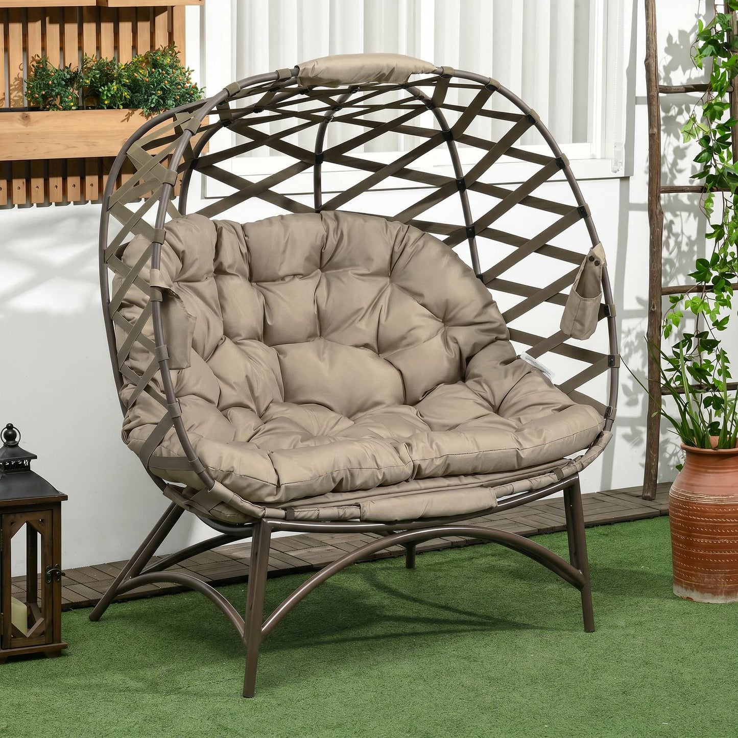 2 Seater Egg Chair Outdoor, Folding Weave Garden Furniture Chair with Cushion, Cup Pockets - Khaki