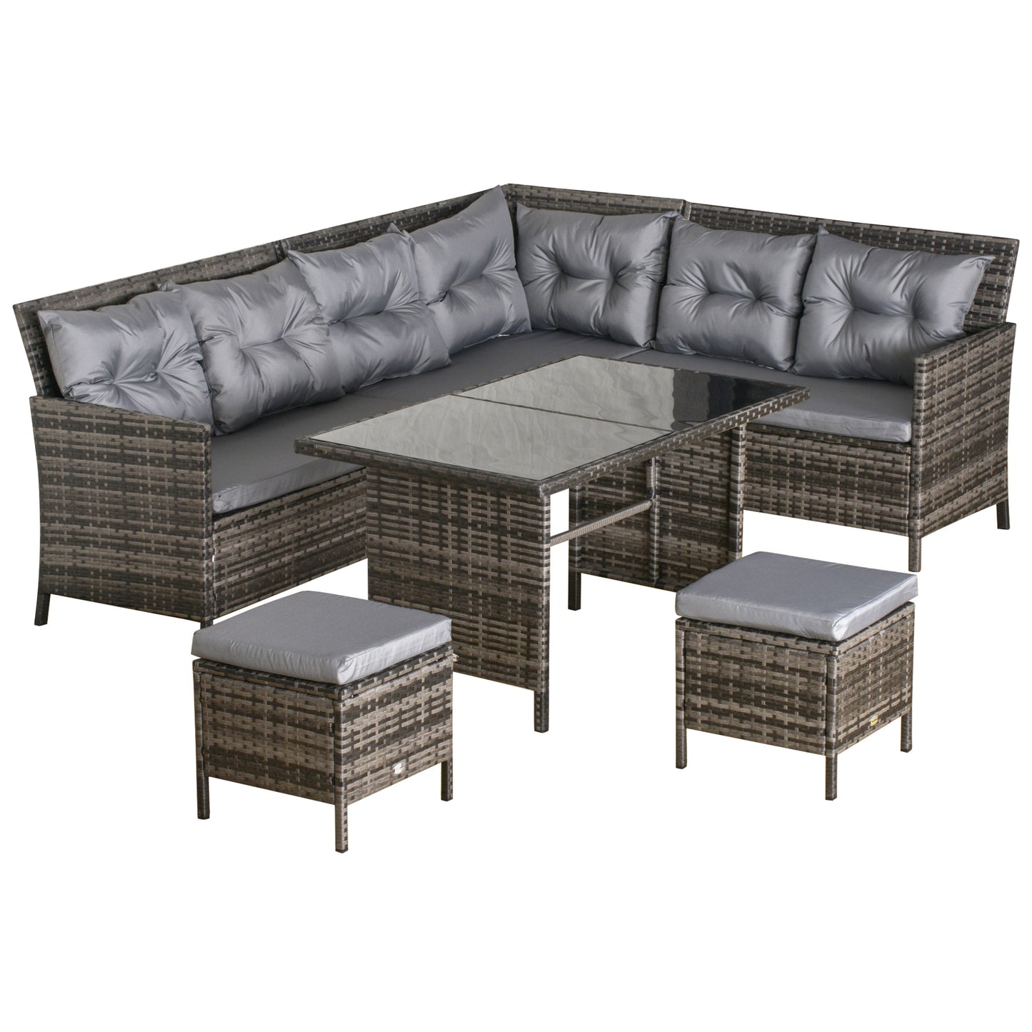8 Seater Rattan Sofa Set, Rattan Garden Furniture Set with Tempered Glass Table & Thick Cushions, Grey