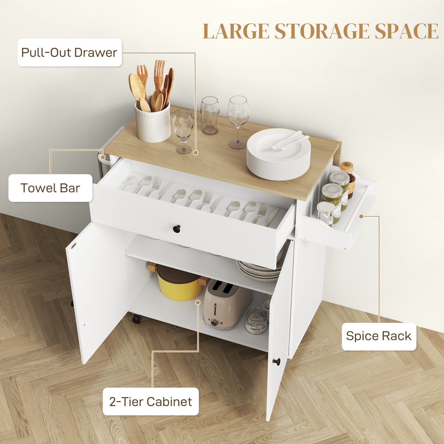 Rolling Kitchen Island with Drop Leaf, Kitchen Storage Cart with Drawer, Spice Rack and Towel Rack, White